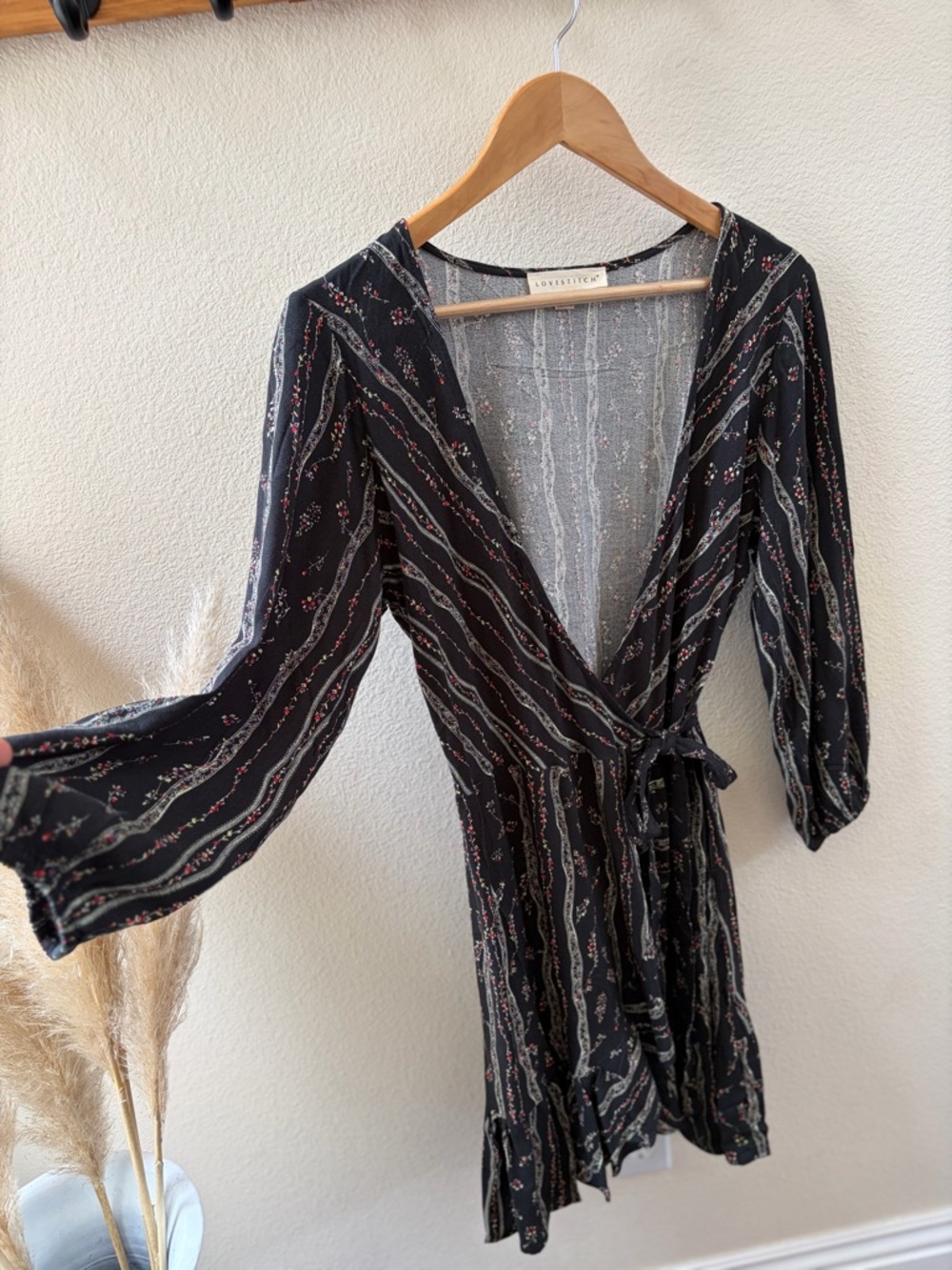 Lovestitch Black Patterned Wrap Dress with Tie Waist - Picture 2 of 4